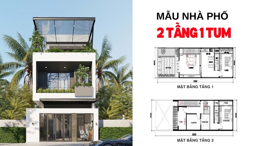 Thiết kế nhà ống2 tầng  với sân thượng rộng rãi