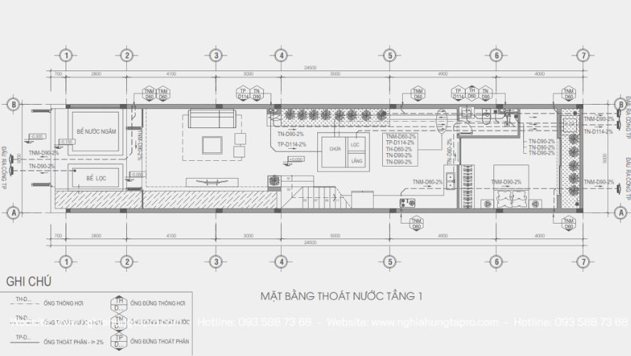 Bản vẽ xây dựng mặt bằng thoát nước tầng 1