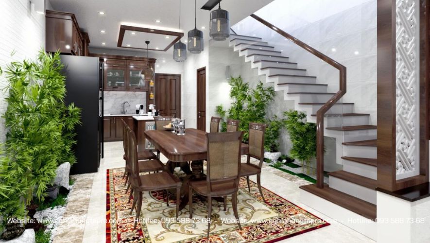 Mẫu cầu thang kết hợp bậc gỗ và lan can trong suốt tạo nên sự thanh nhã sang trọng cho không gian