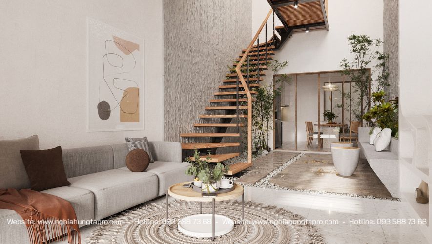 Mẫu cầu thang dựa tường mộc mạc đơn giản 