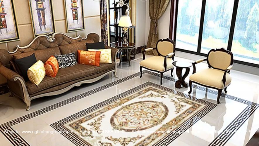 Gạch lót sàn phòng khách in 3D cực kì sang trọng