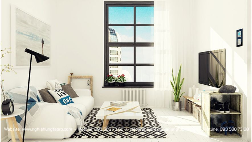 Phòng khách nhỏ kết hợp nhiều chất liệu decor phong phú đa dạng