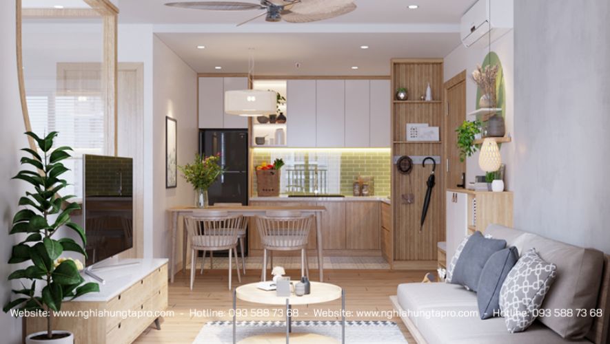Phòng khách nhỏ được bày trí nội thất cơ bản đầy đủ công năng
