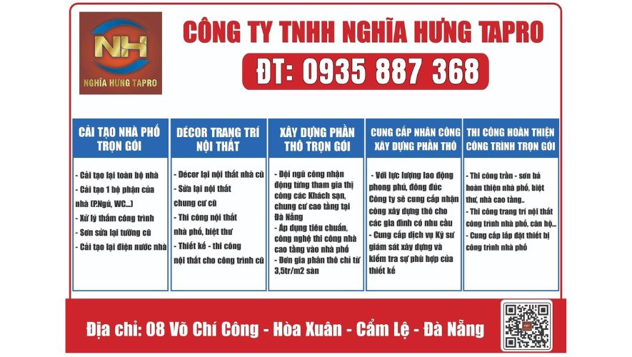 Bảng tham khảo dịch vụ của nghĩa Hưng Tapro cung cấp