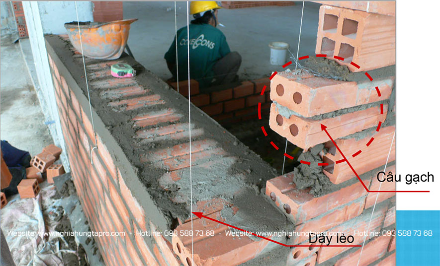 Căng dây lèo, để khi xây đảm bảo tường thẳng đứng Câu gạch (bắt mỏ) liên kết góc giữa hai tường