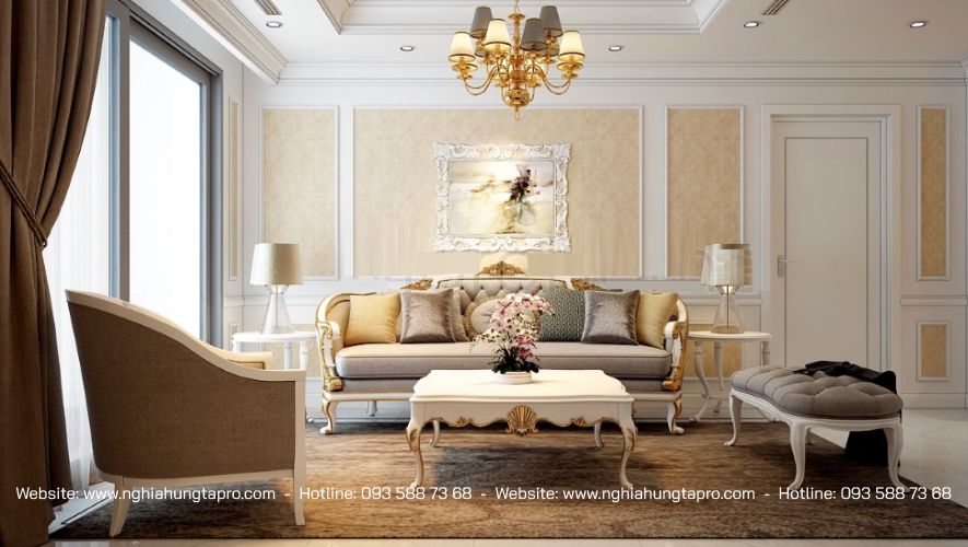 Nội thất phòng khách phong cách cổ điển sang trọng quý phái 